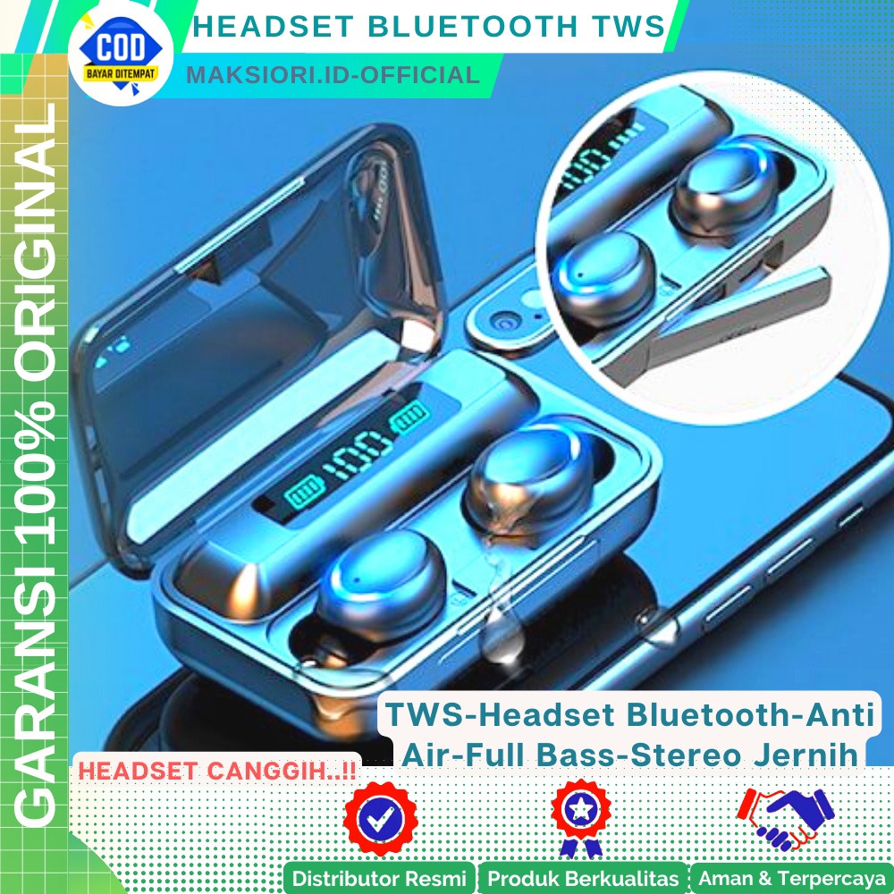 Headset Bluetooth Stereo Tahan Air Earphone Bluetooth  TWS F9 Hedset Haedset Bluetooth 5.0 Original