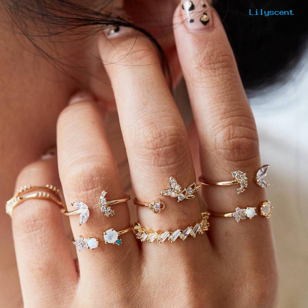 7pcs Cincin Knuckle Desain Bunga Butterfly Aksen Berlian Imitasi Untuk Wanita