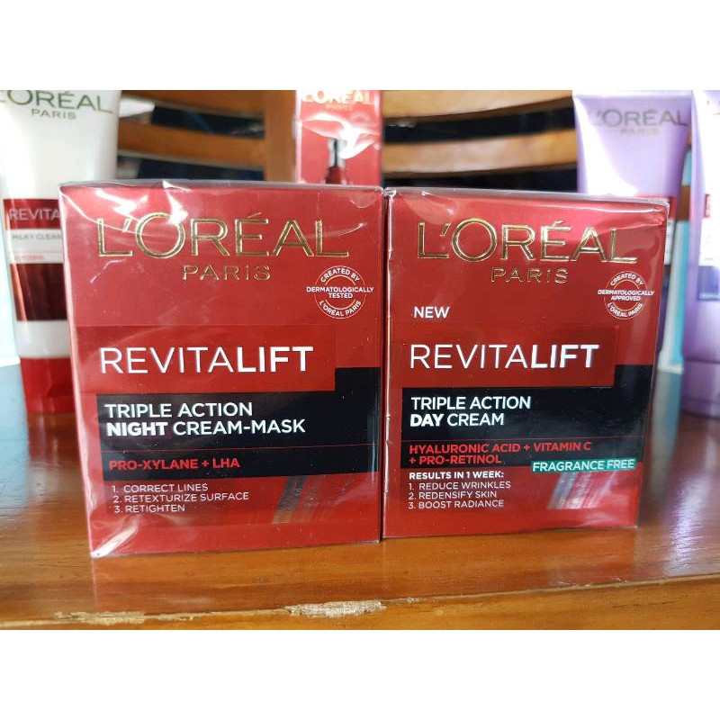 CREAM L'Oreal Paris Revitalift Triple Action Day &amp; Night Cream 50 ml - Skincare Retinol Anti Aging Moisturizer Pelembab Wajah Loreal Hyaluronic Acid - Krim Pagi / Siang SPF 35 dan Krim Malam