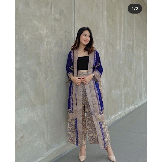 One set navy baju kondangan wanita viscose batik rok lilit set kulot wanita batik