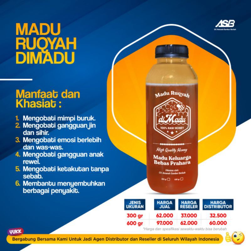 

Madu RUQYAH KRS 300gram dan 600gram 100%asli tanpa campuran