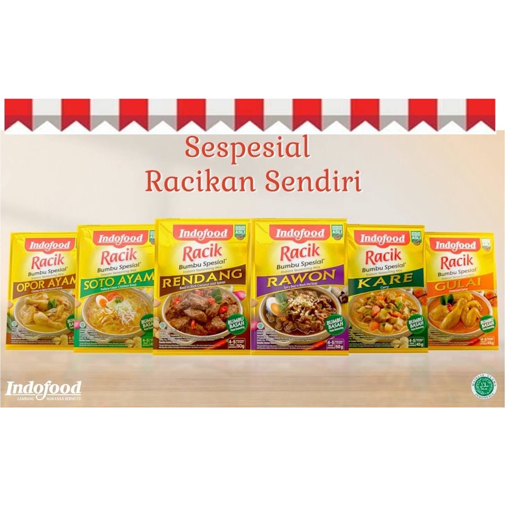 

INDOFOOD BUMBU RACIK SPECIAL 45G OPOR AYAM RENDANG GULAI SOTO RAWON KARE BUMBU BASAH