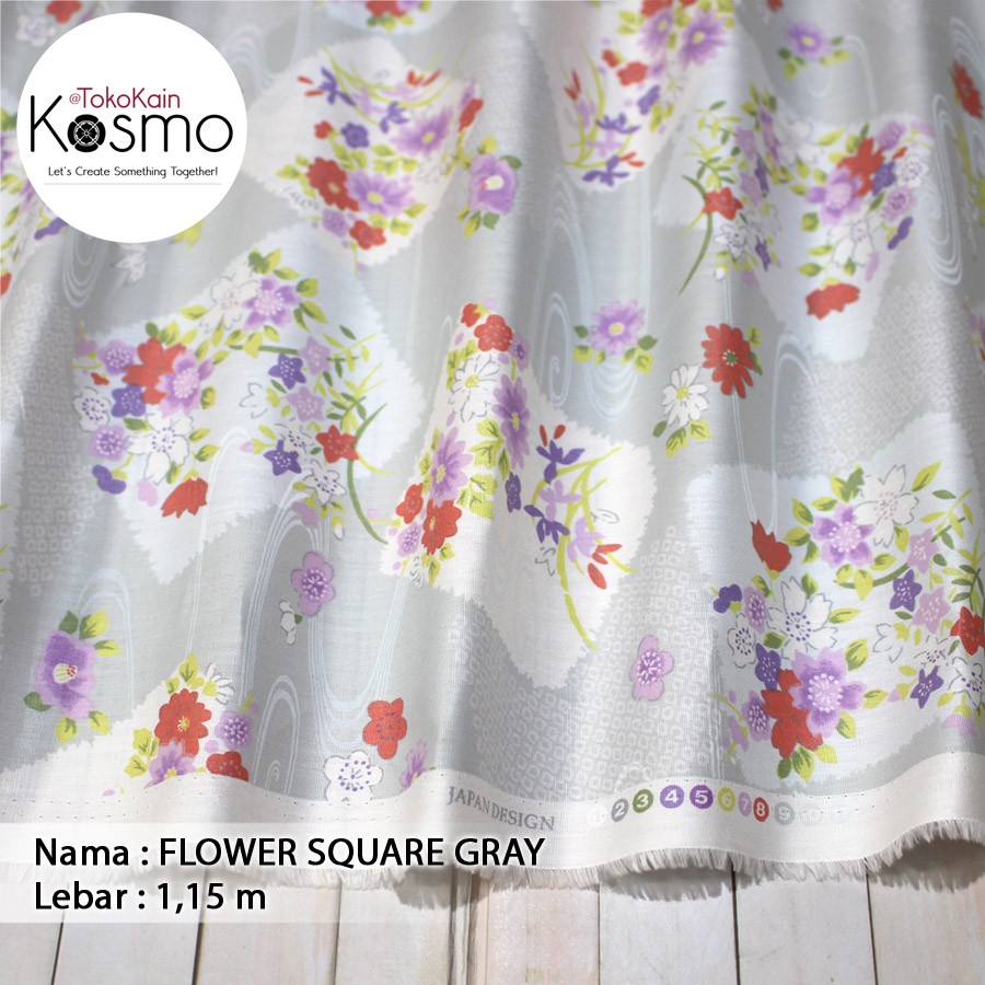 Kain Katun Jepang Japan Design - Flower Square (Gray)