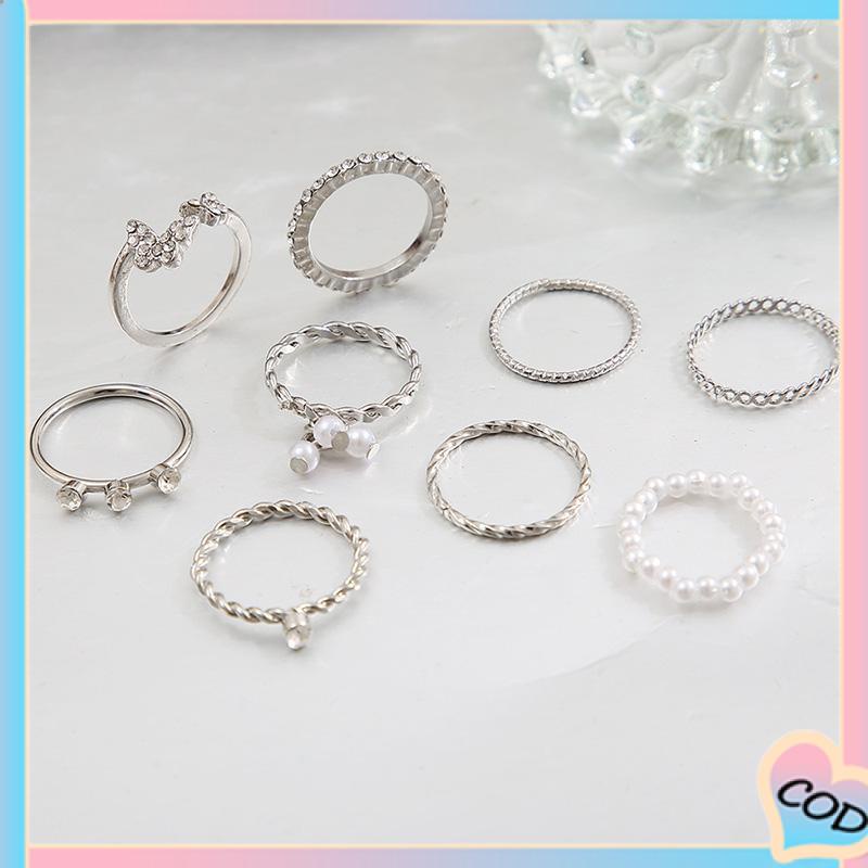 COD❤️ 9 PCS Wanita Tipis Berongga Mutiara Kristal Kupu-kupu Berlian Premium Knuckle Ring Set-A.one