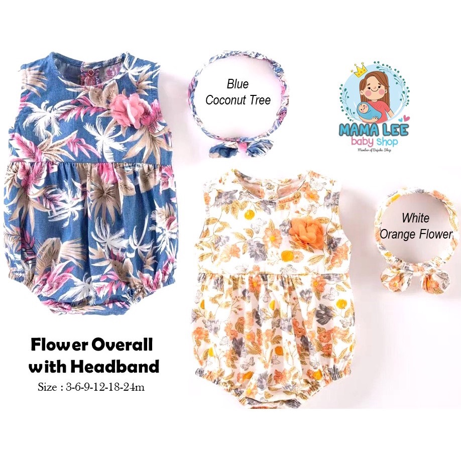 FLOWER OVERALL WITH HEADBAND IMPORT / 2 IN 1  BABY OVERALL JUMPER BABY GIRL / DRESS BAYI + BANDANA /