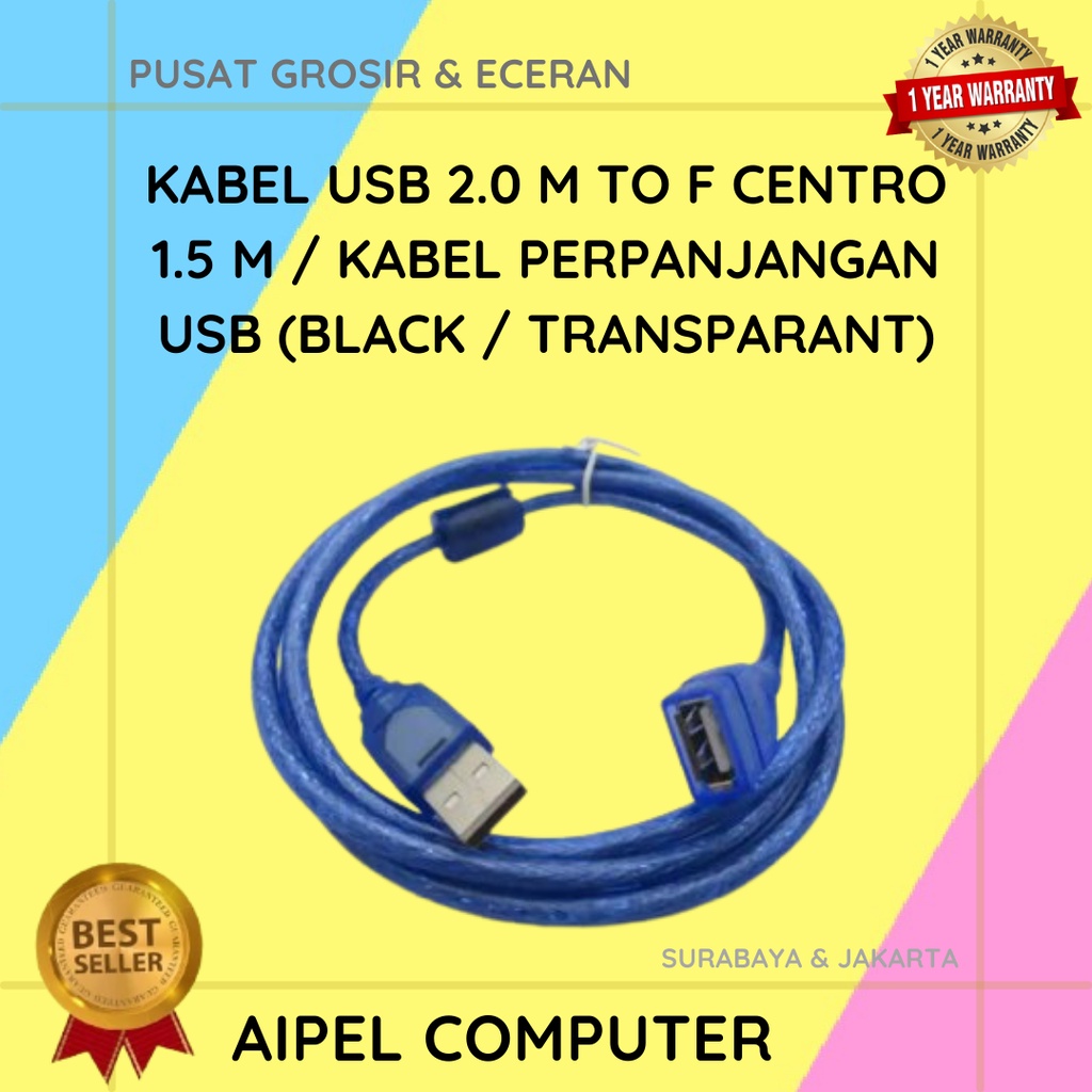 AFC1 | KABEL USB 2.0 MALE TO FEMALE CENTROO 1.5 M / KABEL PERPANJANGAN USB (BLACK / TRANSPARANT)