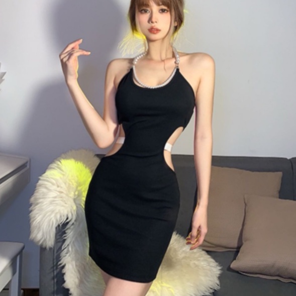 【AMY J】Pearl Necklace Street Fashion Trend Design  Tight-Fitting Mini Dress 7034