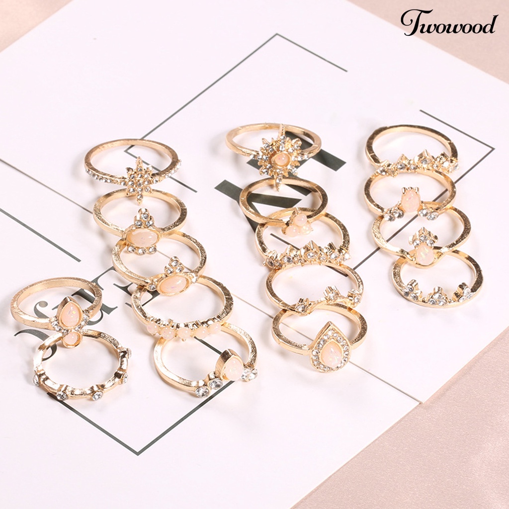 16pcs / Set Cincin Knuckle Bentuk Mahkota Aksen Berlian Imitasi Bahan Alloy Stackable Gaya Bohemia