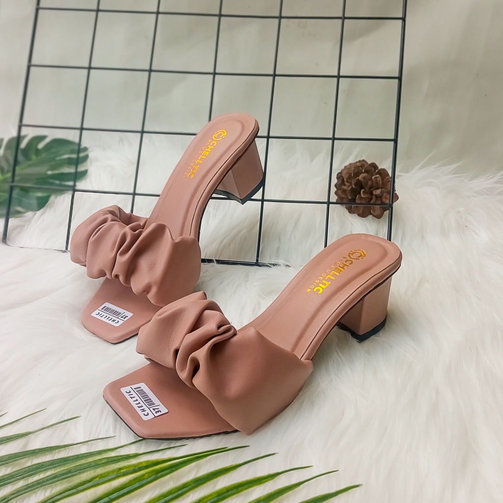 High Heels Wanita Aksen Kerut Sandal Hak Tahu 5CM Chelltic 07/Sendal Wanita Kekinian Terbaru Murah/Wedges Wanita 5cm/Sepatu Wanita/Selop Wanita Pesta/Cod/Bisa Bayar Di Tempat/Gratis Ongkir/Sendal Selop Wanita import