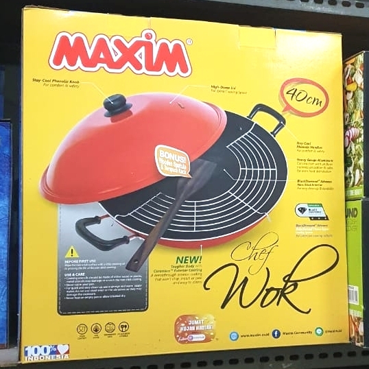 Maxim 40cm Chef Wok Wajan Penggorengan + Tutup + Rak Peniris + Sutil kayu + Spon