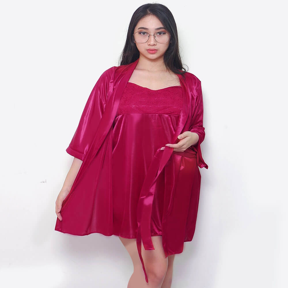 FOLVA kimono set baju tidur satin 1271MSET_XL maroon big size jumbo