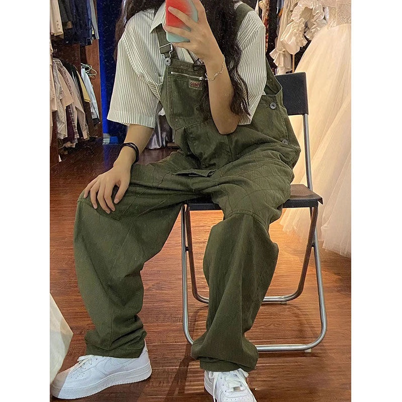 Overall retro Amerika overall wanita musim panas baru pinggang tinggi longgar dan tipis lurus lebar