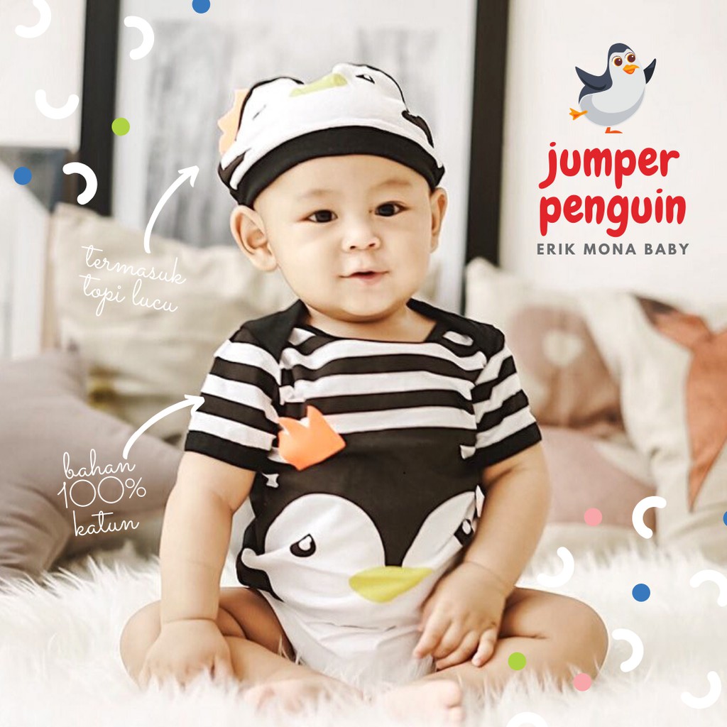  baju  bayi  jumper bayi  karakter  penguin hitam lucu  Shopee 