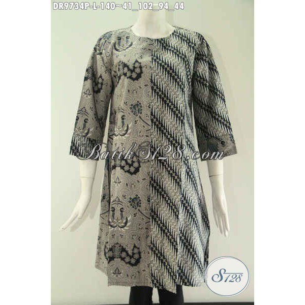 Dress Batik Wanita Masa Kini Model Tanpa Krah Size L, Bahan Kombinasi 2 Motif Lengan 7/8 DR 9734 P