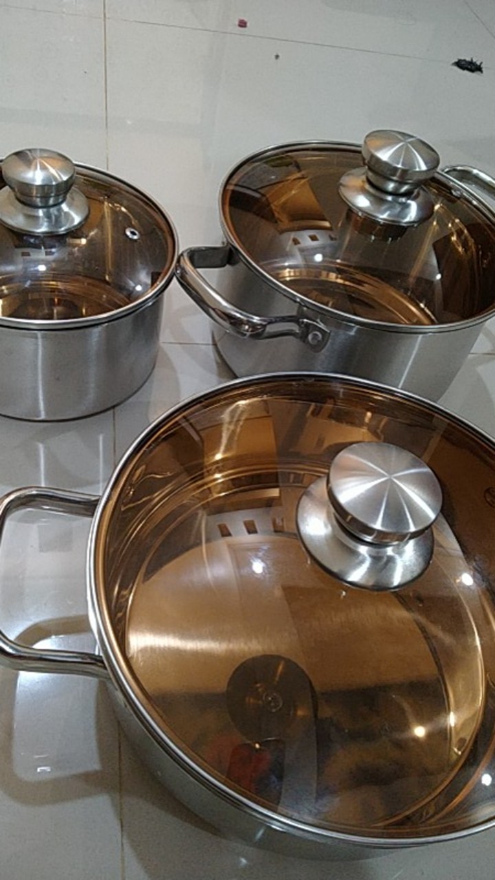 Es Set Panci Stainless Steel Alat Masak 1 Set Isi 3 Set Panci Berbagai Ukuran Panci Serbaguna