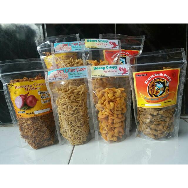 

Wader crispy 100gr 3pcs,teri crispy super 50gr 3pcs, udang crispy 50gr 3pcs, bawanggoreng 100gr 2pcs