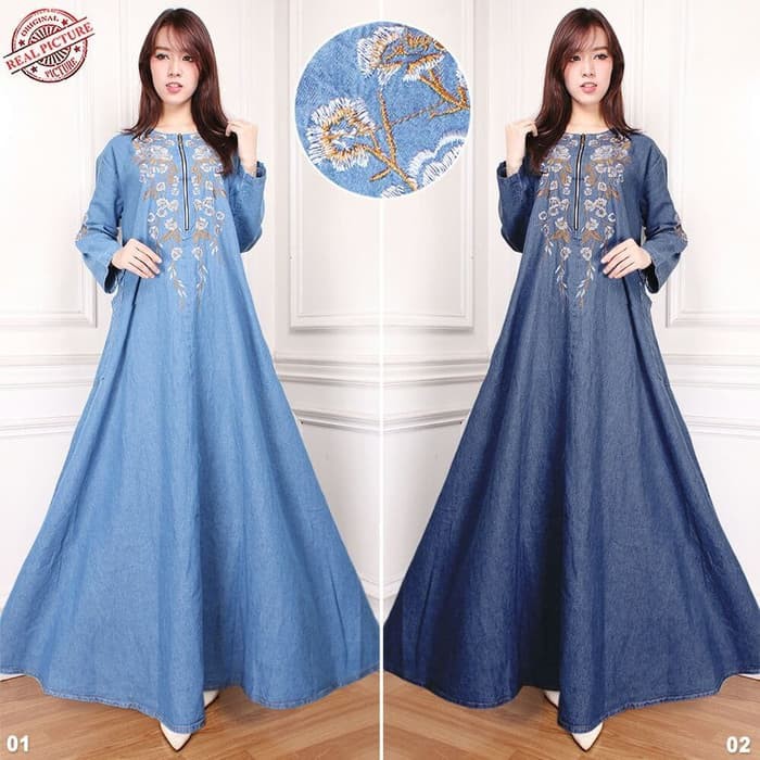 Dress Maxi Gamis Nelle Longdress Jeans Jumbo Wanita - Biru Muda