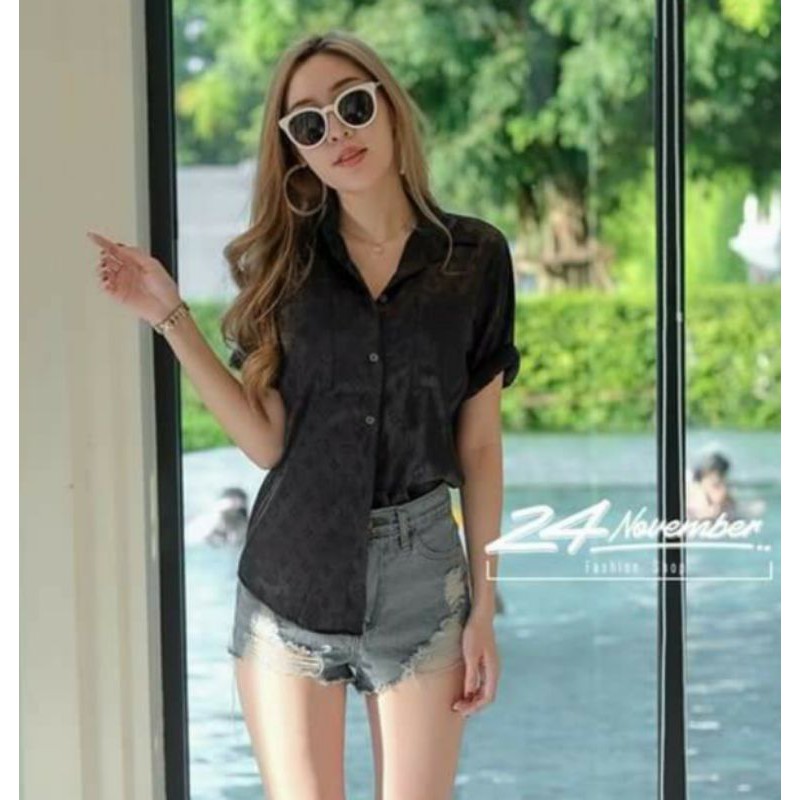 Kemeja wanita import motif LV merk 24november "Best seller" bahan satin premium