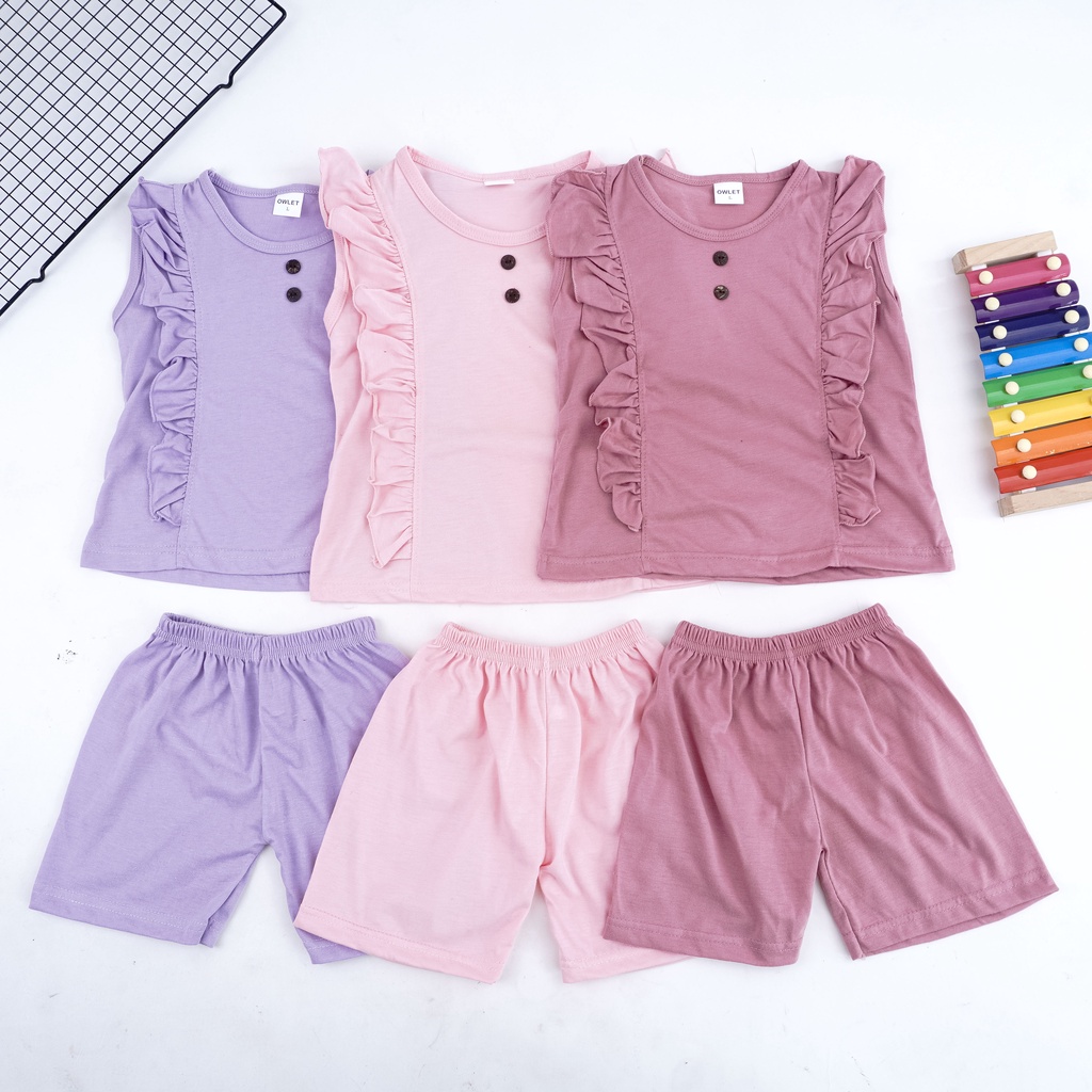 VS - SET IVE KANCING ANAK PEREMPUAN RUFFLE | SETELAN BAJU ANAK LENGAN BUNTUNG CELANA PENDEK 1-5 THN