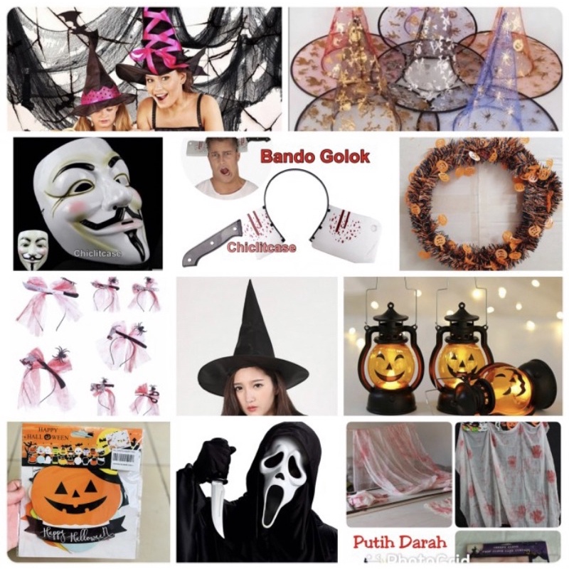 Dekorasi halloween/aksesoris pumpkin/topi witch/tirai bando darah/topeng/bando/tirai