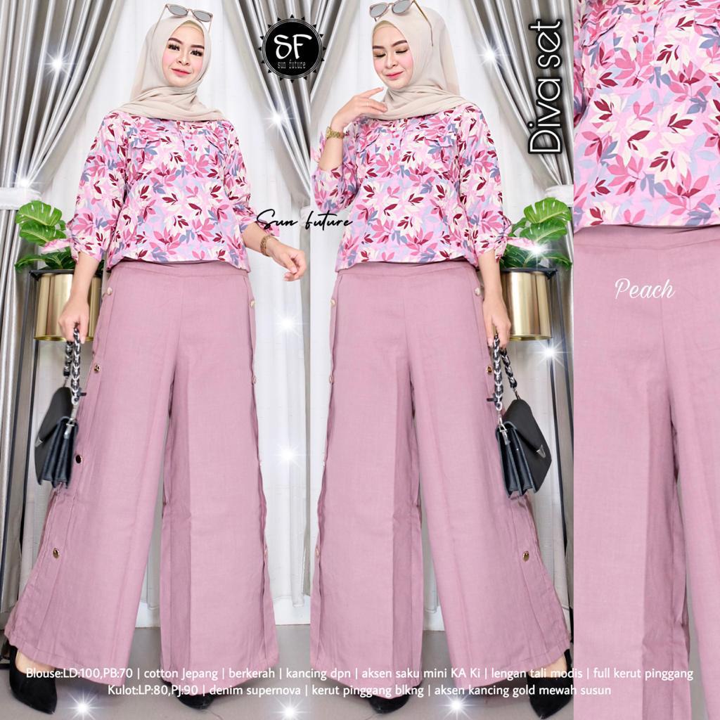 Diva Setelan Dewasa Atasan Blouse Plus Celana Kulot Pant LD 100 cm Matt Katun One Set Casual Bunga