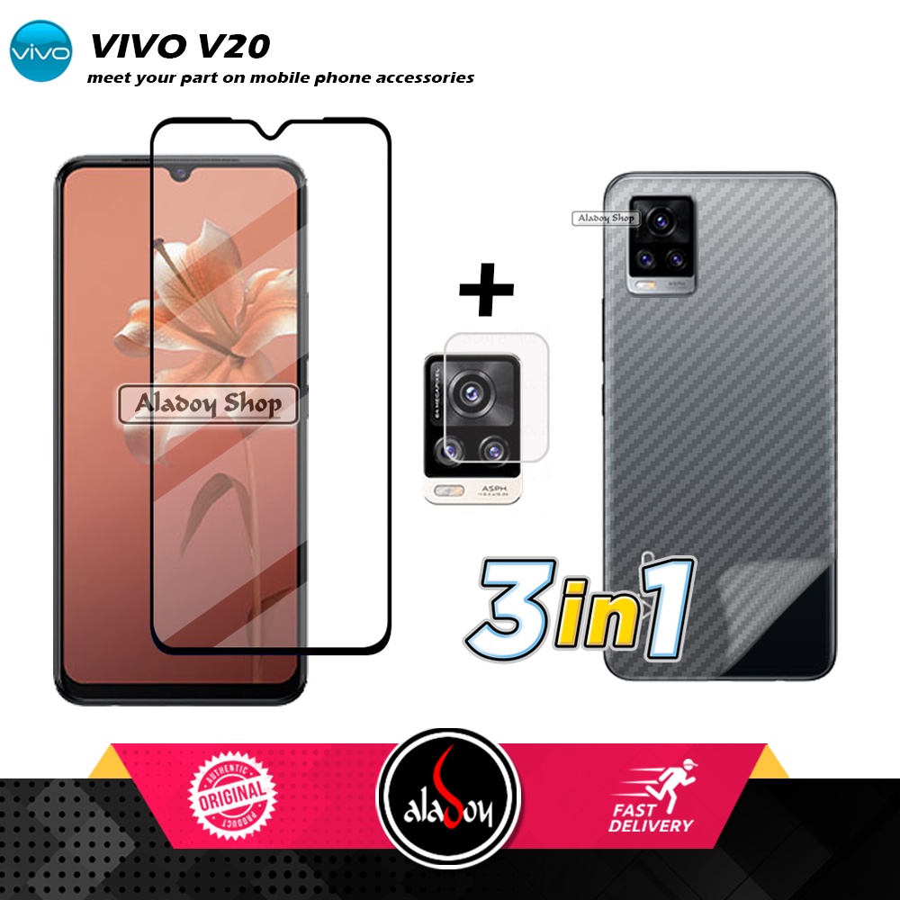 PAKET 3 IN 1 Tempered Glass Layar Vivo V20 Free Tempered Camera dan Skin Carbon