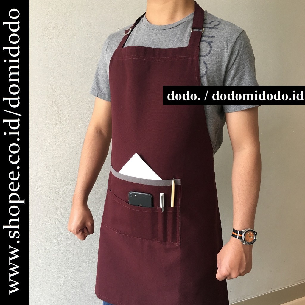 Celemek Apron Barista Handmade - Apron Tali Leher - Premium Canvas - Merah Maroon