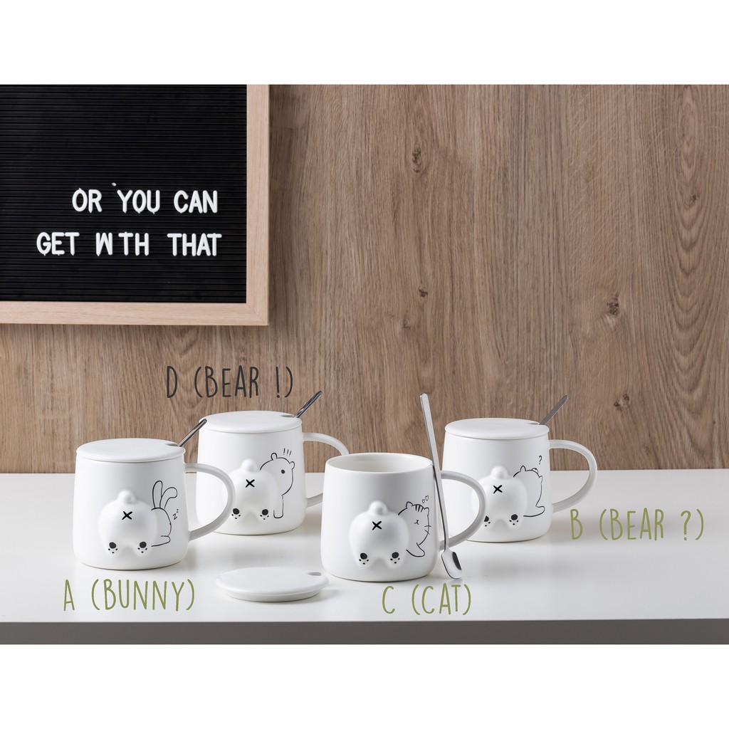 Gelas Keramik Mug Set Sendok Tutup Lucu Murah Motif Karakter Hewan Lucu 3D