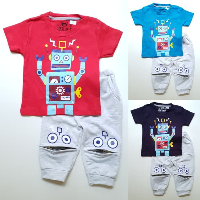 Baju Anak Setelan Bayi Laki Kaos Robot Kotak