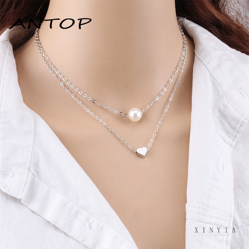Kalung Rantai Klavikula Pendek Multilayer Aksen Mutiara Ganda Untuk Hadiah Ulang Tahun Wanita ANTOP