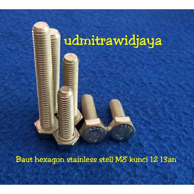 BAUT HEXAGON STAINLESS STELL M8x30 panjang 2cm 3cm A2-70 304 baut 12an 13an M8 diameter 8mm p1.25 baut kunci 13 baut stenlis baut gear gir  baut probolt Ss baut sekok skok jok harga bijian baut variasi stenlis anti karat THE A2 70