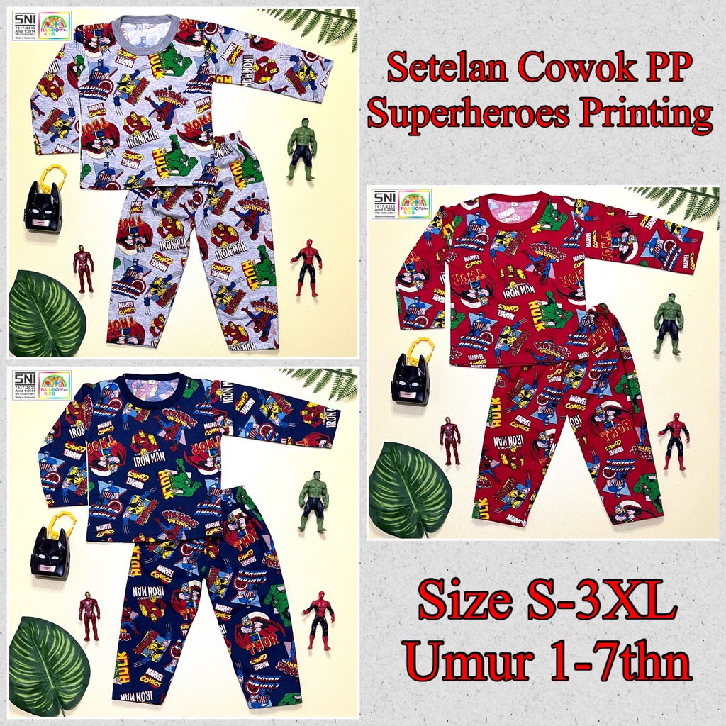 RAINBOW SETELAN PP / SET BAJU ANAK COWOK / CEWEK UNISEX PP 1-8 TAHUN SUPERHERO FULLPRINT &quot;PART 2&quot;