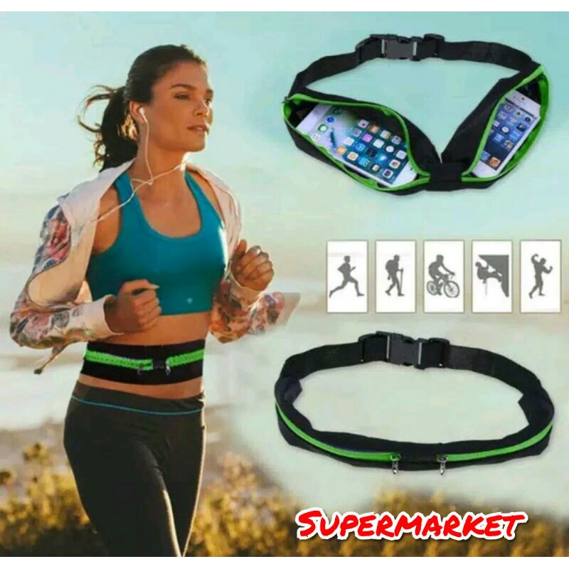 Tas Pinggang Olahraga Joging Belt Sport Double Pocket Running Belt-hitam