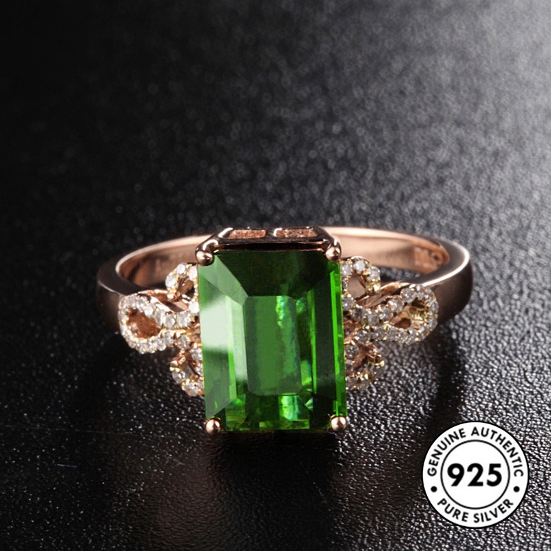 Cincin Sterling Silver 925 Elegan Dengan Emerald Warna Rose Gold Untuk Wanita