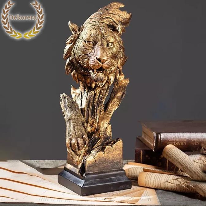 Patung Kepala Harimau Emas Gold Tiger Ornament Pajangan Artistik Dekor