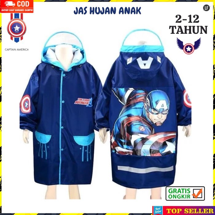 JAS HUJAN ANAK LAKI LAKI MOTIF SUPER HERO CAPTAIN AMERICA RAINCOAT KIDS MANTEL ANAK COWOK FASHION CP1