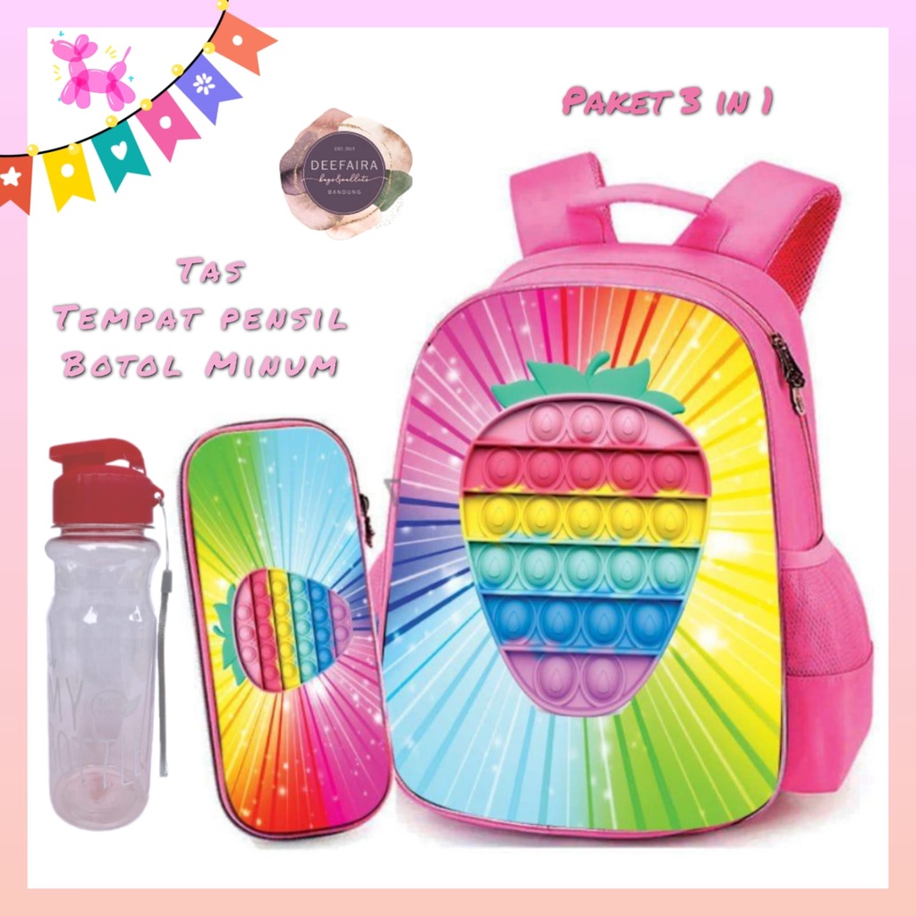 Tas Sekolah Anak Perempuan Model M1 Strawberry 3 In 1 Tas Anak TK Sd