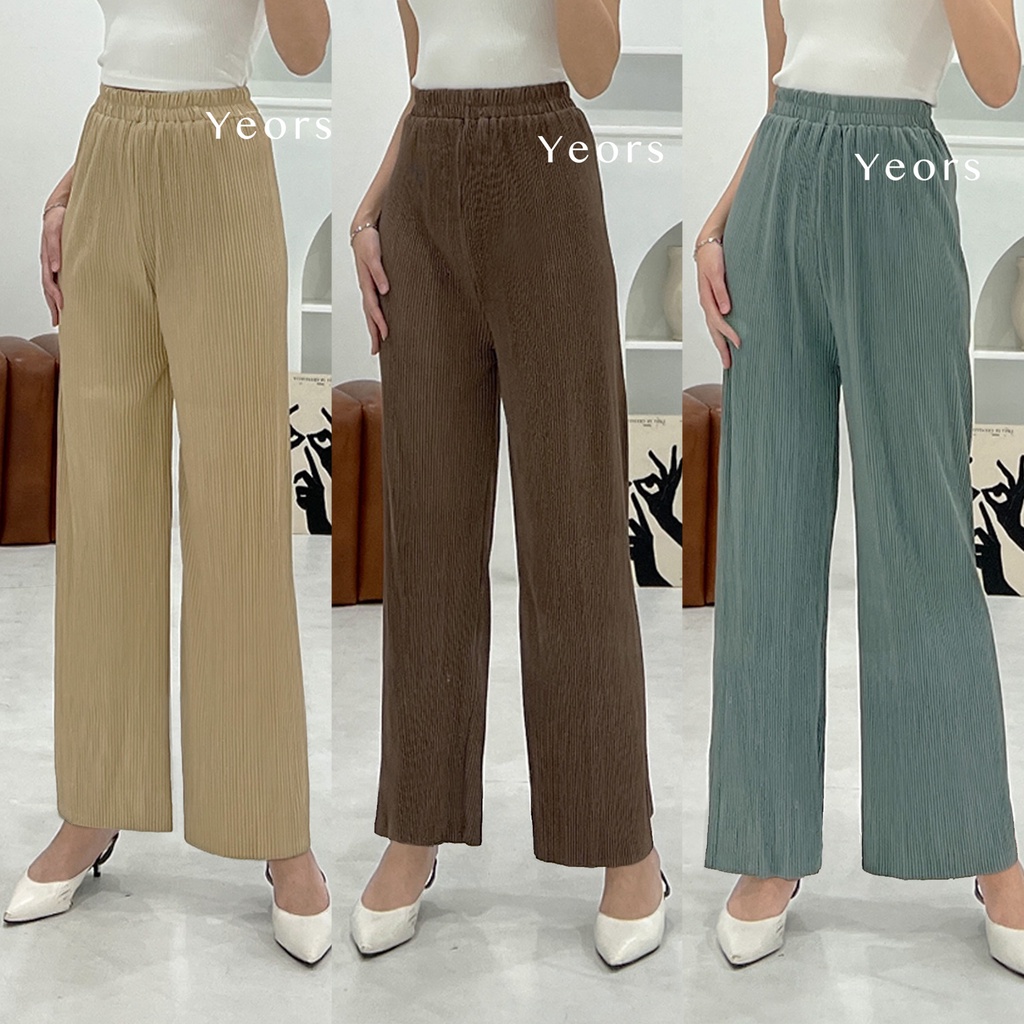 Yeors - Celana Murah Berkualitas Kulot Plisket Lidi Premium - Long Cullote Adelle Pants - Korean Loose Pants Trousers Wanita - Loungewear - Celana Jumbo Perempuan Murah Berkualitas Muat Sampai 90 kg