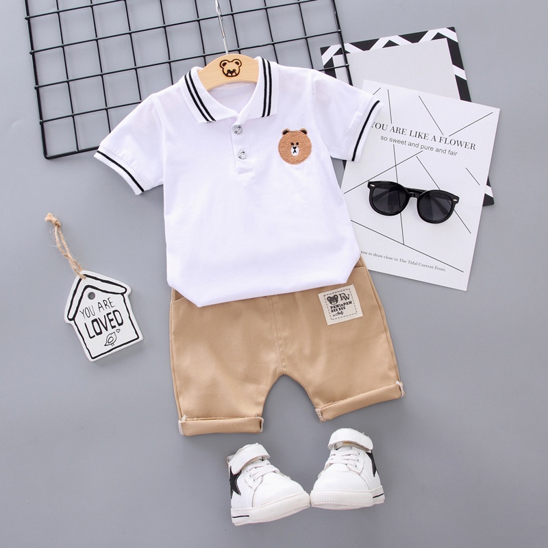 Setelan Polo Anak Import Stelan Baju &amp; Celana Anak Laki Motif Beruang / Baju Anak Cowok
