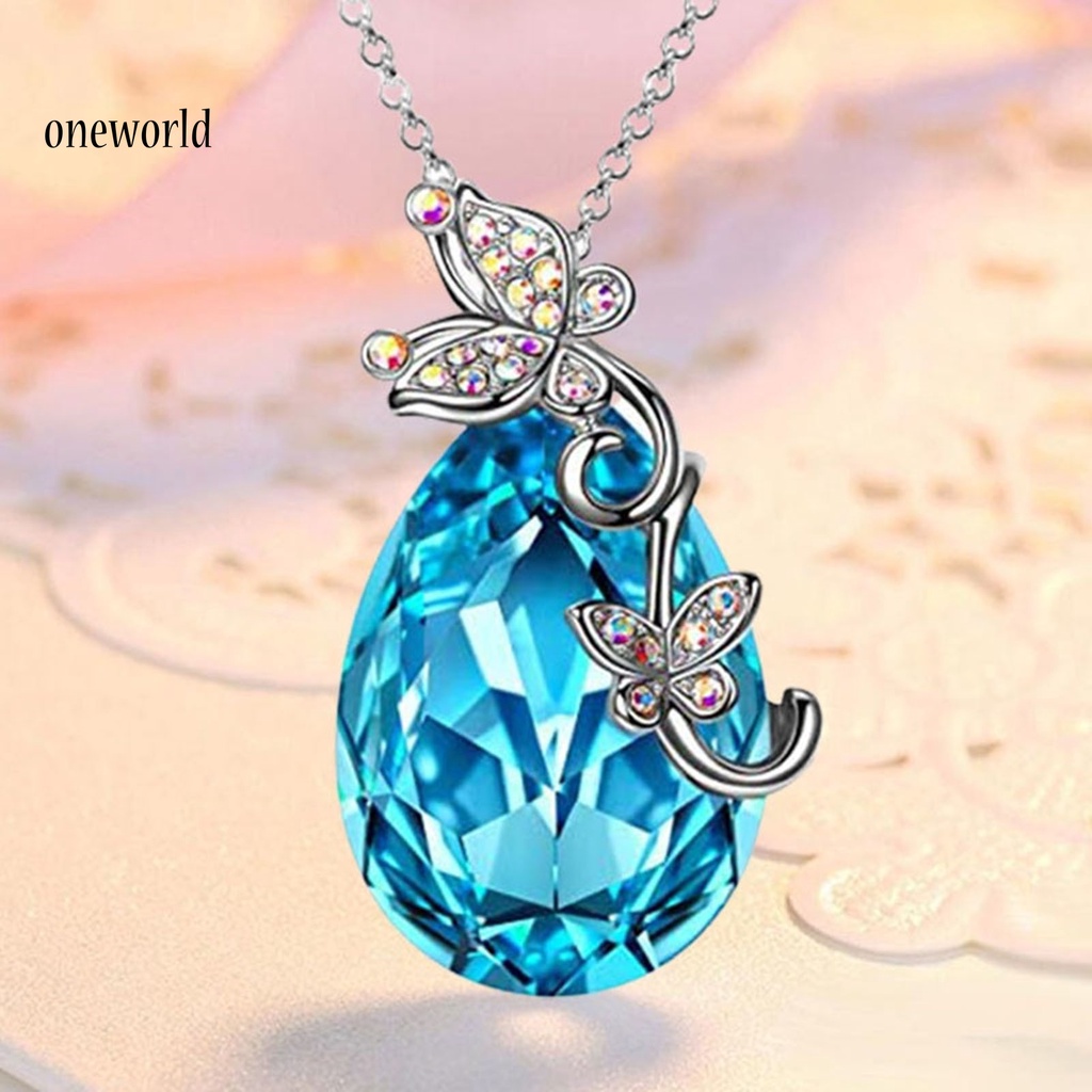 |Onwo Dress Mini Lengan Pendek Untuk Wanita| Kalung Rantai Desain Butterfly Waterdrop Aksen Kristal Imitasi Warna Biru Bahan Silver Plated Untuk Wanita