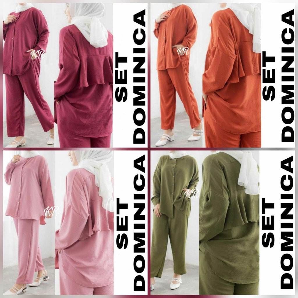 SET DOMINICA FASHION PAKAIAN WANITA SETELAN BAHAN MOSCREPE KR ADA VIDEO REAL PICT