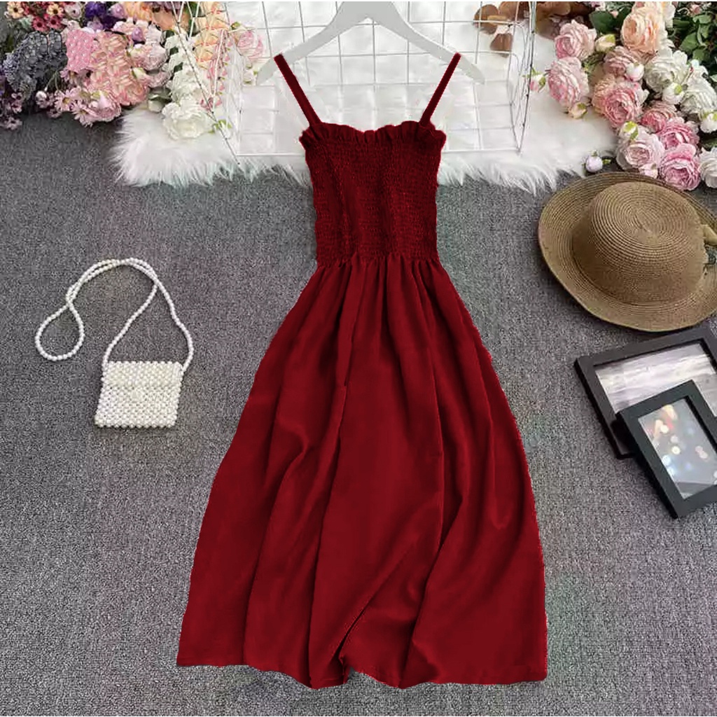 Dress Kerut Tali Panjang Korea Style Bahan Adem 849