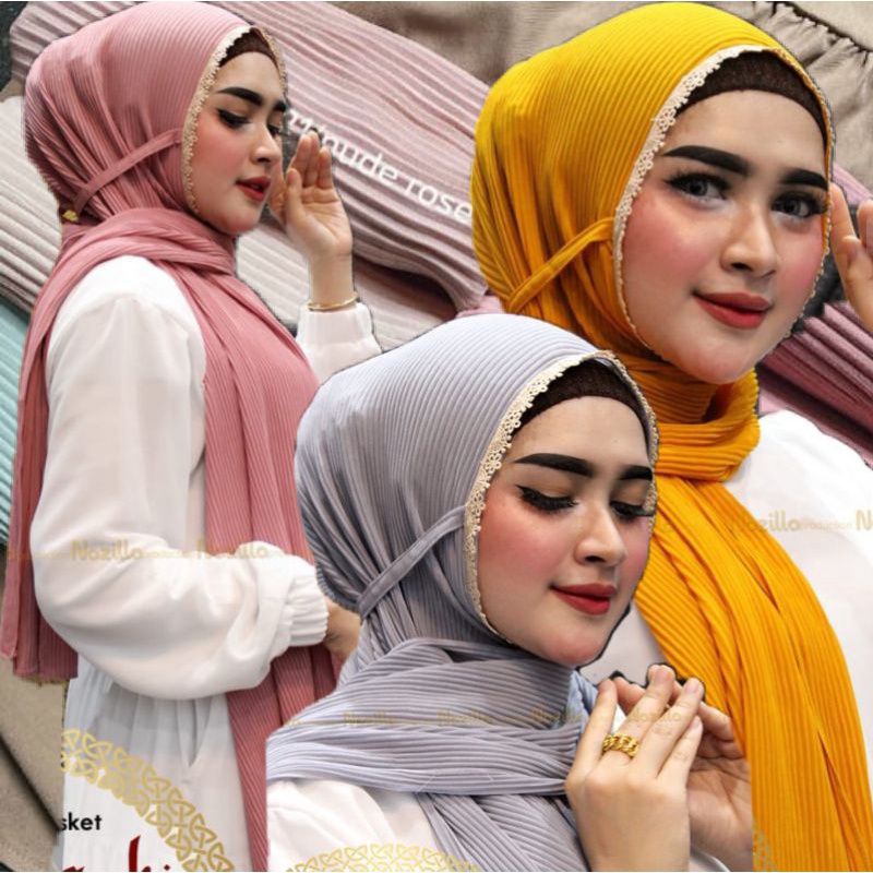 Jilbab pashmina plisket tali renda bergo plisket renda instan diamond premium