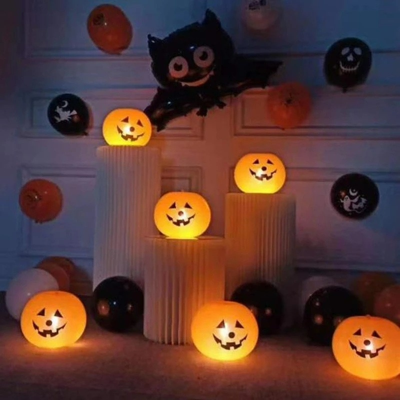 5pcs / Set Balon Latex Bentuk Labu Halloween Dengan Lampu LED Tenaga Baterai Untuk Dekorasi Pesta