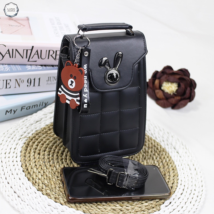 LUNA AURA Tas Kotak Hp Wanita Minixo Bordil Kunci Kelinci Black Nekkel DK 10 Tas Handphone Kekinian Tas Selempang Hp Tas Pouch Wanita Terbaru-Hitam