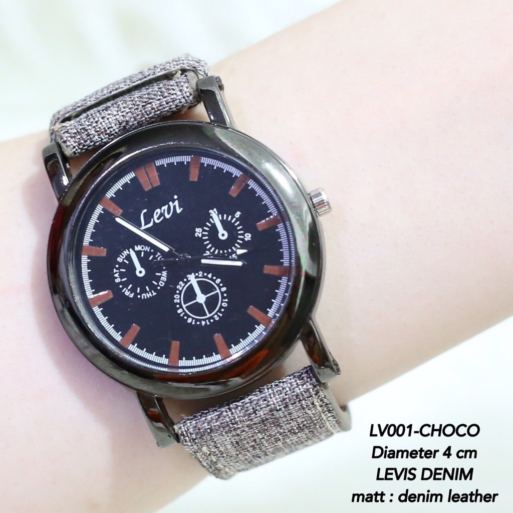 Jam tangan murah wanita /  pria LEVI tali kanvas kombinasi kulit grosir ecer termurah import LC001