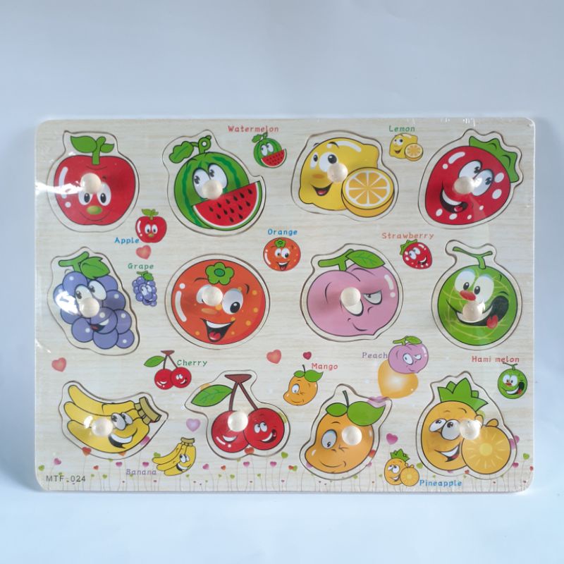 JIGSAW PUZZLE KAYU KNOB MAINAN KAYU EDUKASI EDUKATIF ANAK BAYI BALITA 1 TAHUN MURAH COD FREE BUBBLE-Buah 024