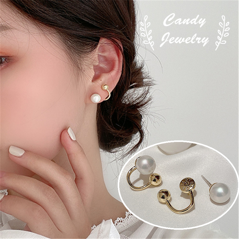 Anting Mutiara Gaya Gantung Belakang Desain Simple Korea Untuk Wanita Perhiasan Permen