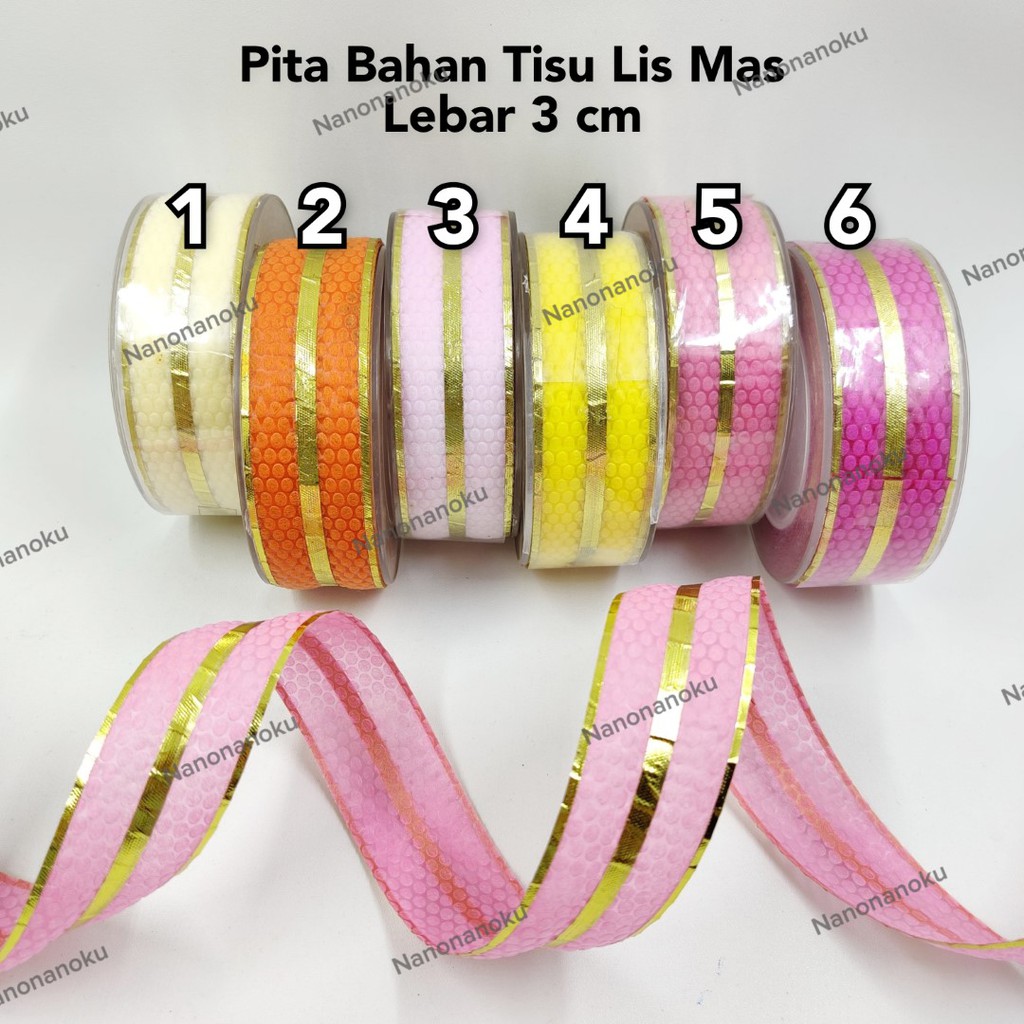 

Pita Tisu 3 cm Lis Mas untuk Hampers Souvenir Kado Buket Parsel