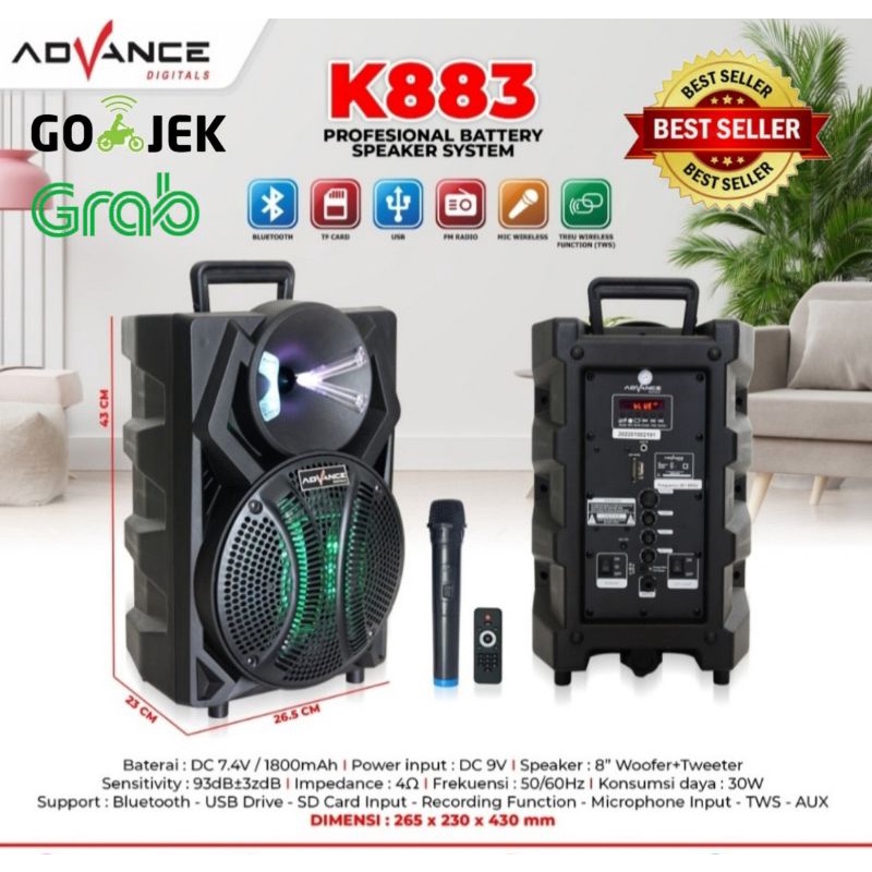 ADVANCE SPEAKER PORTABLE TROLEY 8 INCH K-883/ K-882 BONUS MICROPHONE